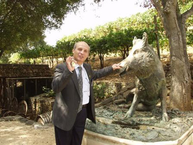 Man outdoors with pig statue